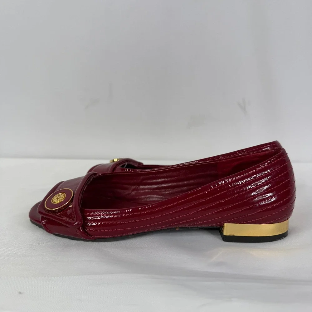 Tory Burch Red Patent Leather Quilted Open Toe Logo Medallion Flats Shoes